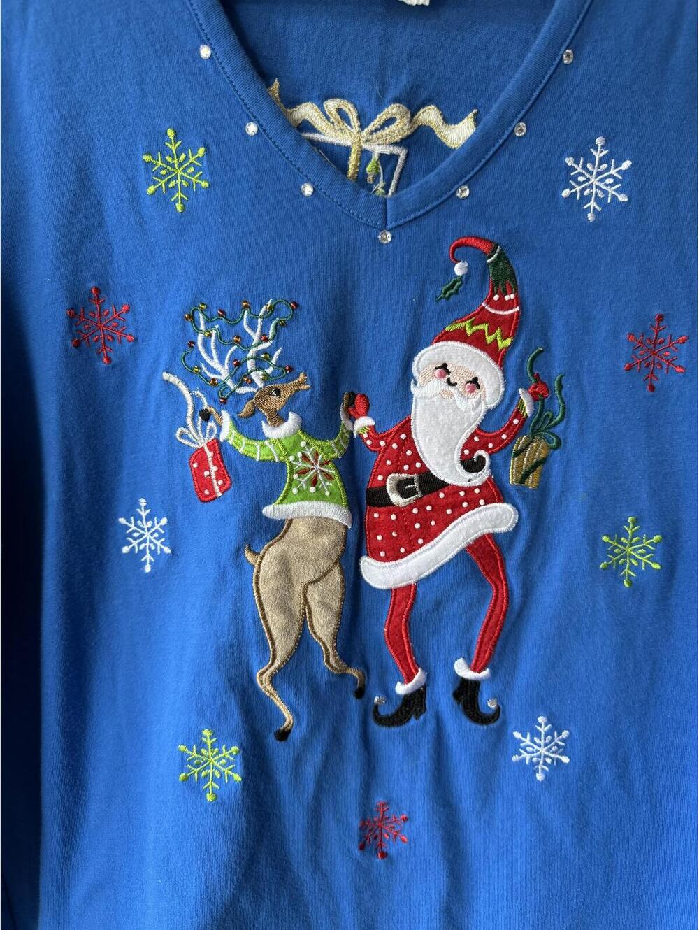 J. Two Blue Long Sleeve Christmas Sweater with Santa and Reindeer Embroidery - Picture 3 of 6
